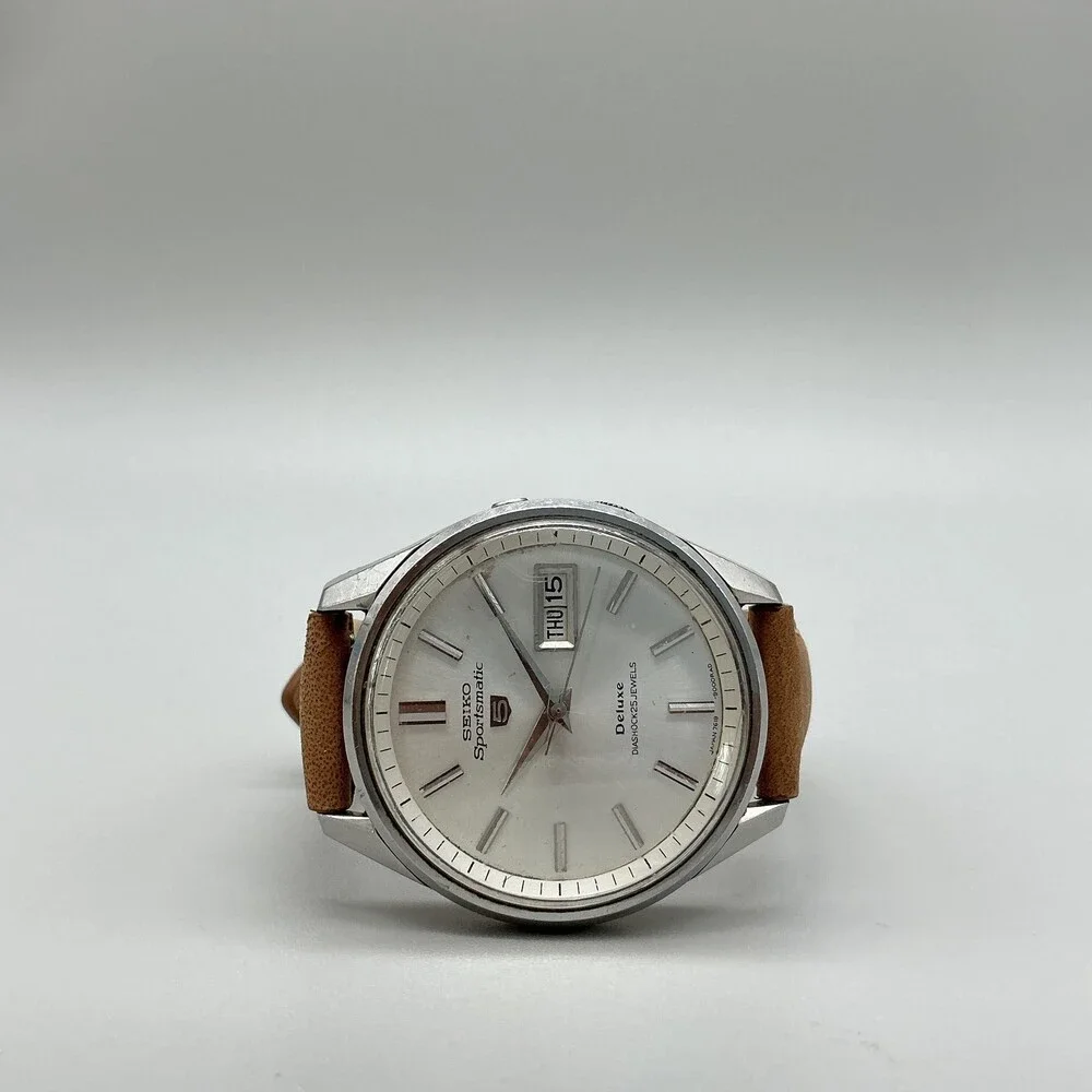 Vintage Seiko Sportsmatic 5 Deluxe Mens Watch 37mm Silver Tone Leather Automatic